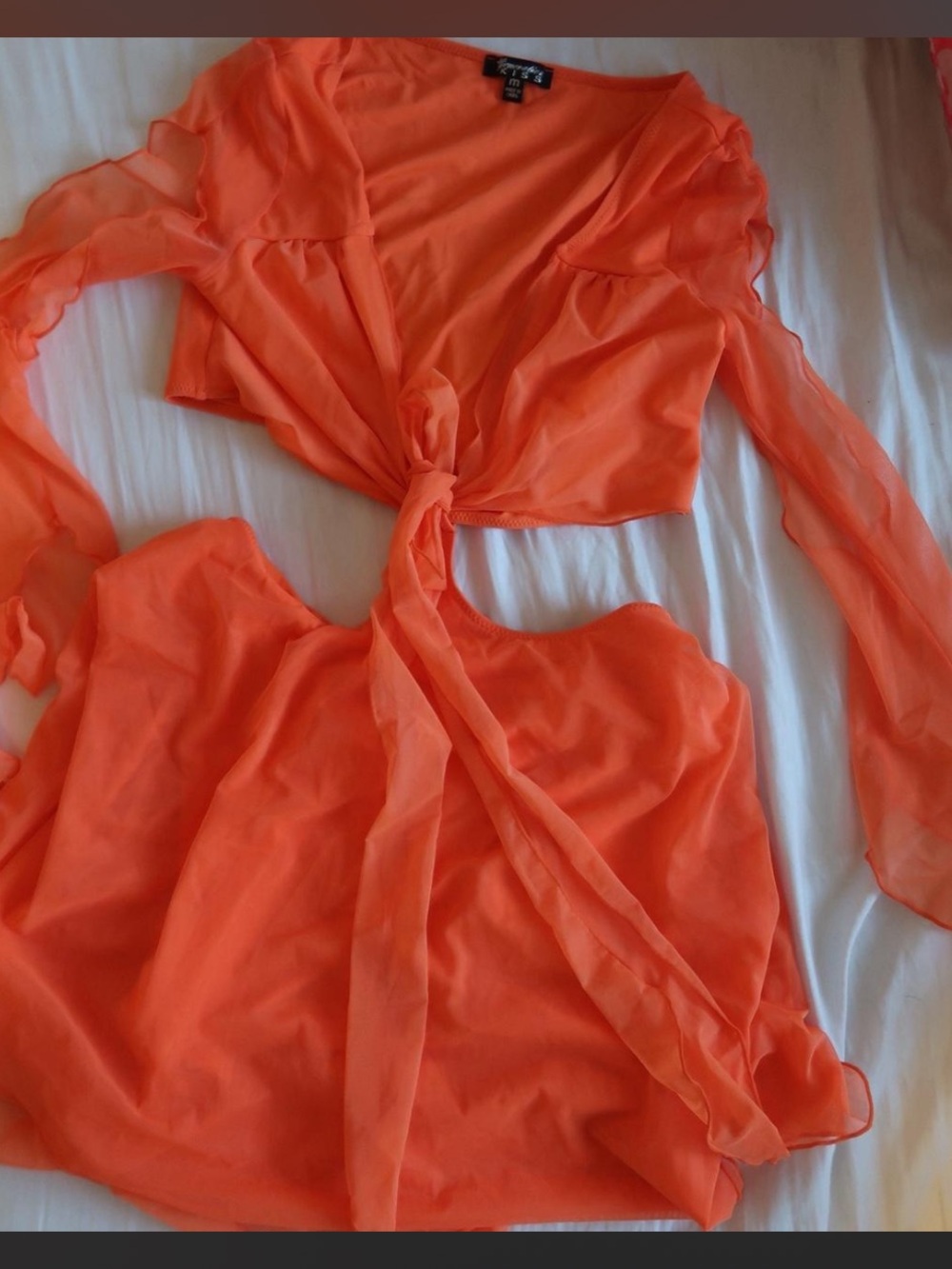 Dolls Kill Sheer Tie-Front Crop Top in Neon Orange